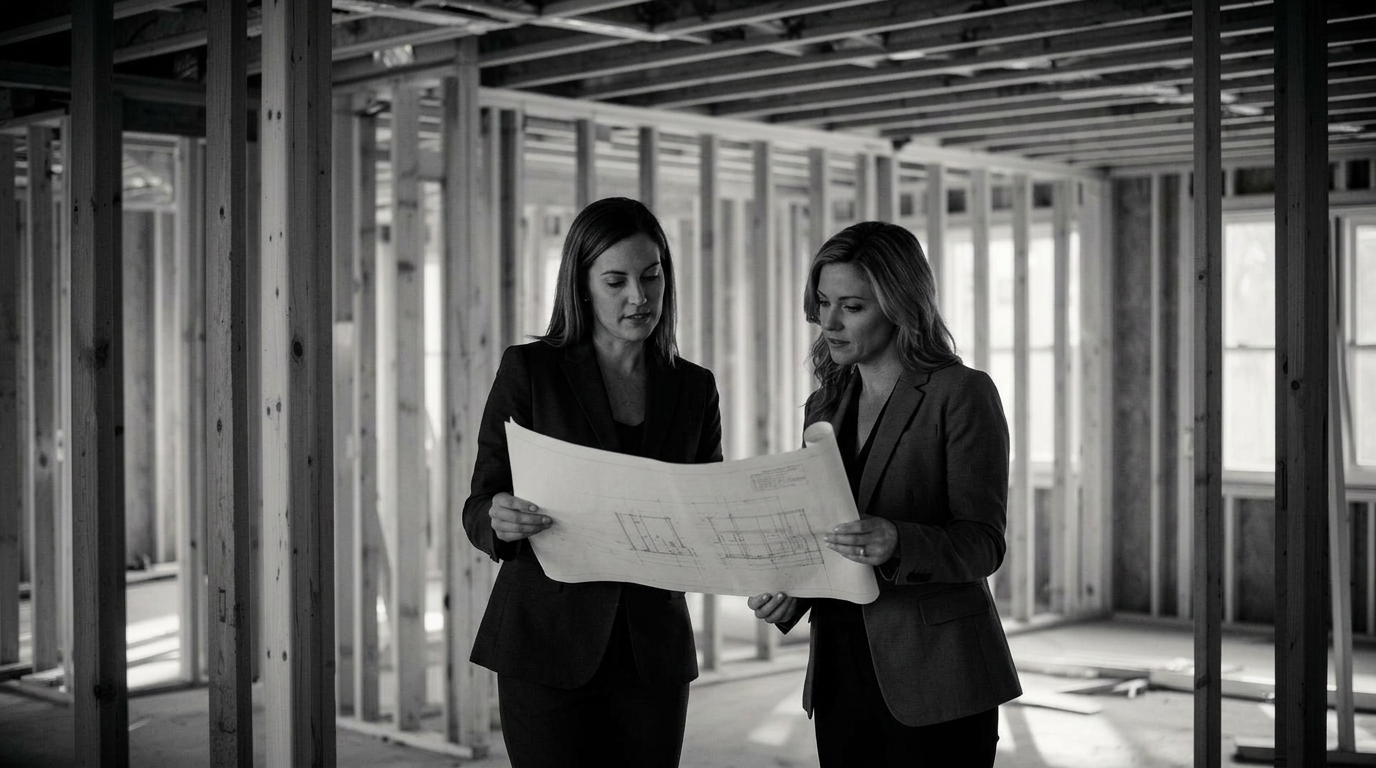 Operators reviewing plans on an active construction site