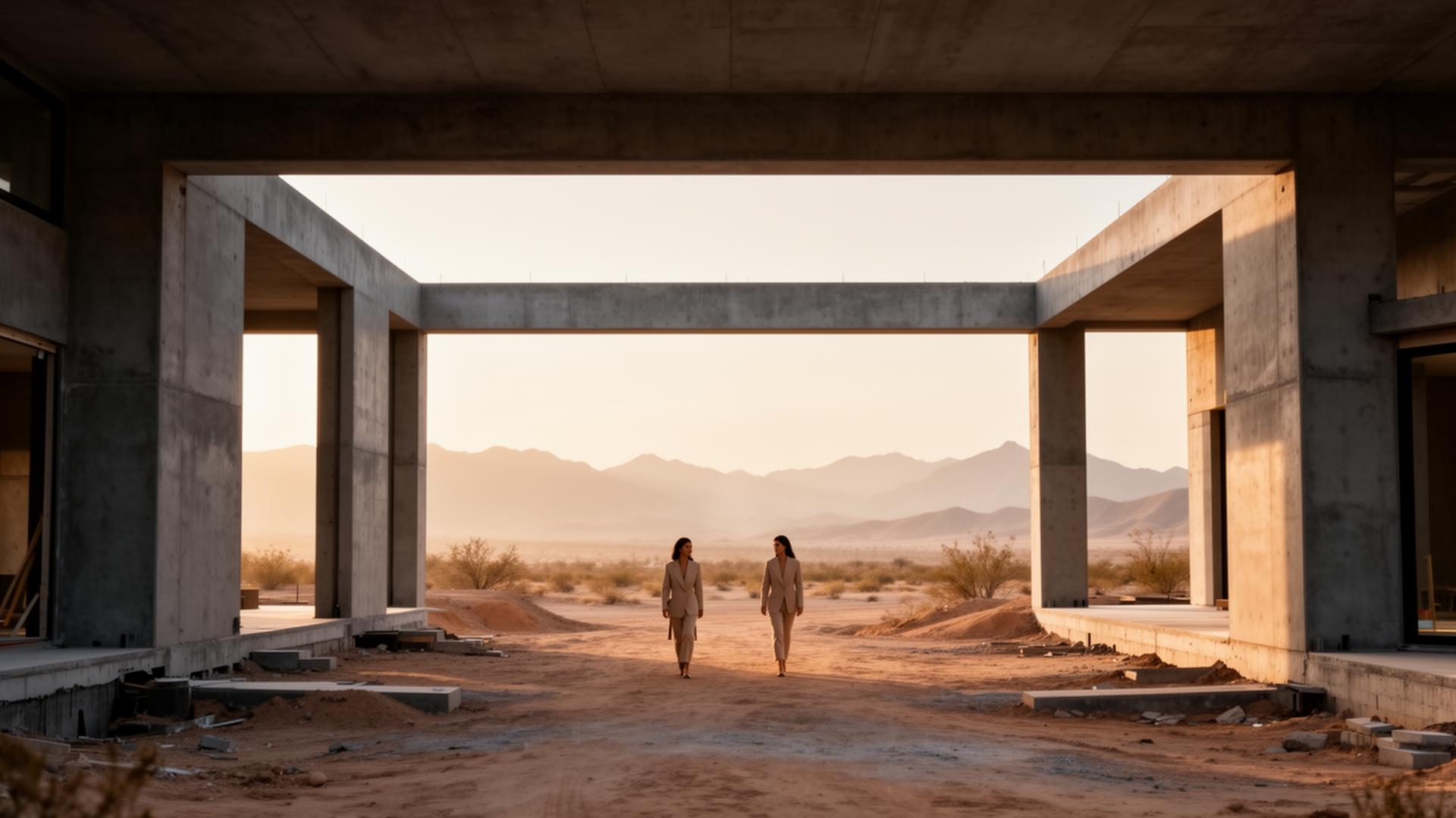 Operators walking an active project at golden hour